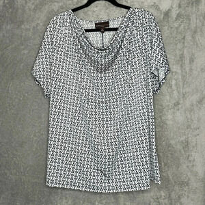 Dana Buchman 2X Shirt Top Blue Paisley Cap Short Sleeve Cowl Neck Stretch Womens